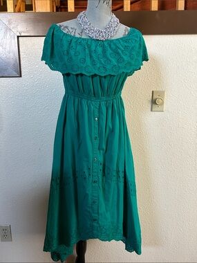 Off-Shoulder Eyelet Midi Dress in Teal